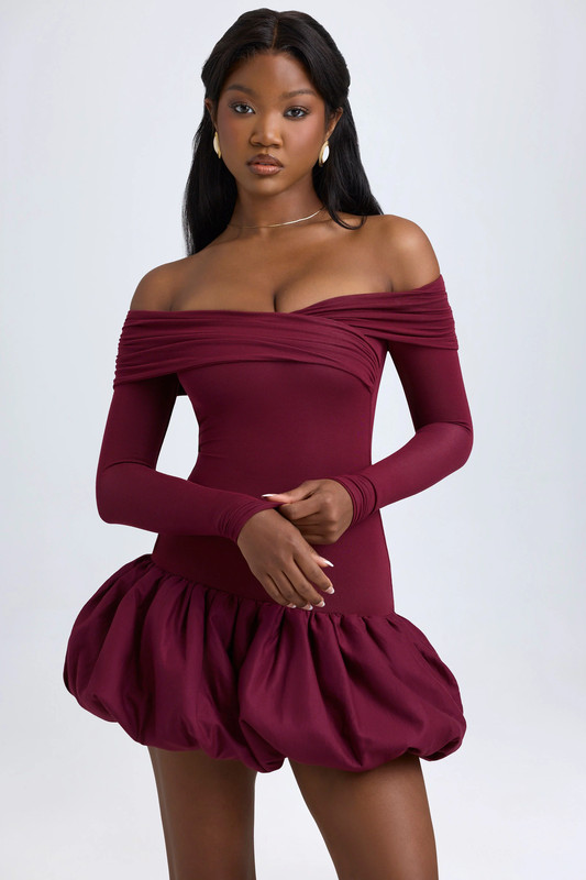 Modal Off-Shoulder Bubble Hem Mini Dress in Wine Red - Size:L